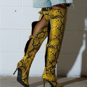 Yellow Snake Print over the knee Boots